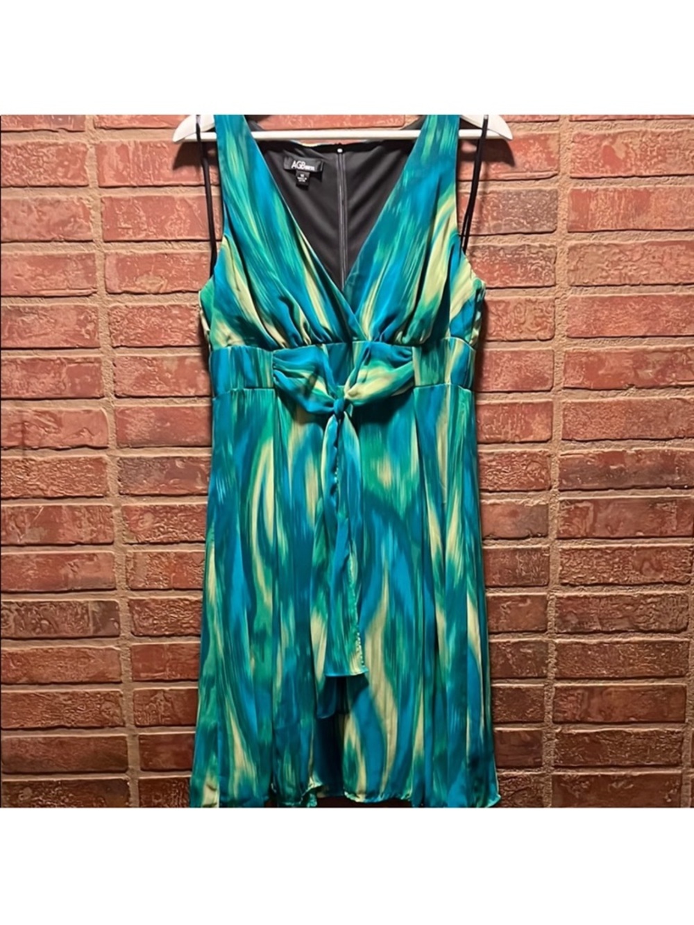 3/$10 AGB Teal & Lime V-Neck Tie-Waist Midi Dress Size 14